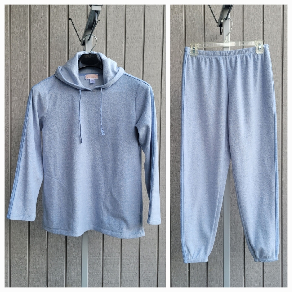 2pc Track Pants & Hoodie Set Cozy Fleece Blue Joggers Sweatsuit EUC